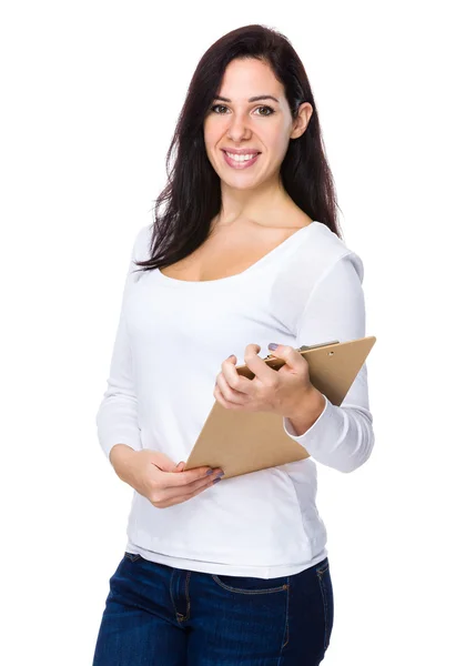 Caucasian woman in white sweater — Stock Photo, Image