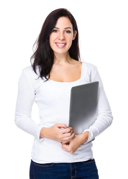 Caucasian woman in white sweater — Stock Photo, Image