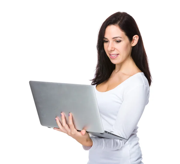 Caucasian woman in white sweater — Stock Photo, Image