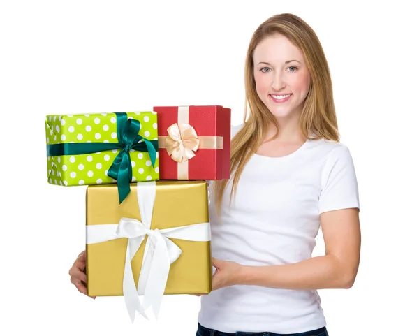 Woman with many gift boxes — Stock Photo, Image