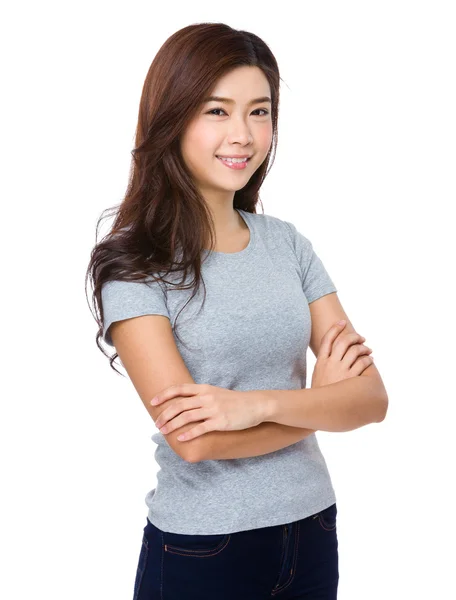 Asian woman in grey t shirt — Stock Photo, Image