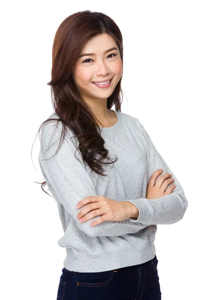 Young asian woman in grey sweater — Stock Photo, Image