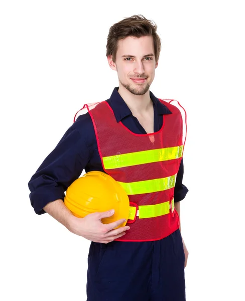 Trabalhador da construção em capacete amarelo — Fotografia de Stock