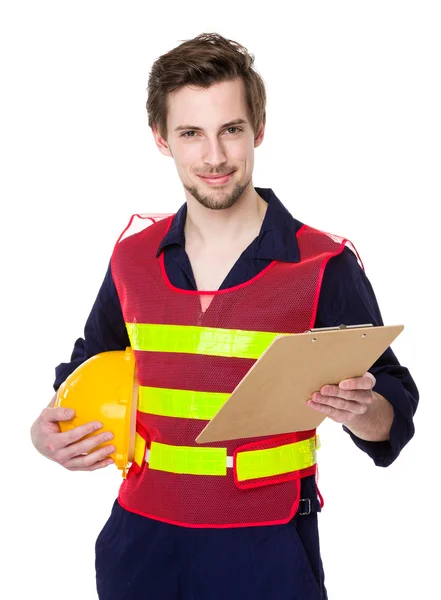 Jovem engenheiro sorridente com arquivo — Fotografia de Stock