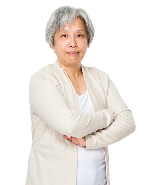 Asian mature woman in white cardigan — Stock Photo, Image