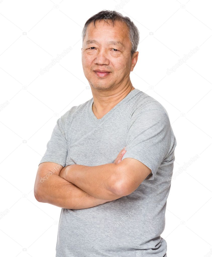 Old Asian man in grey t-shirt