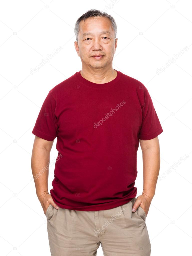 Old Asian man in red t-shirt