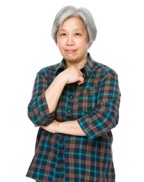 Asian mature woman in checkered shirt — Stock Photo, Image