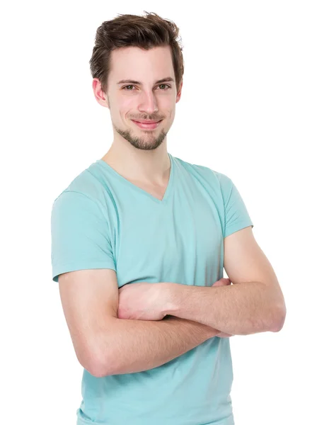 Kaukasisch schöner Mann im türkisfarbenen T-Shirt — Stockfoto