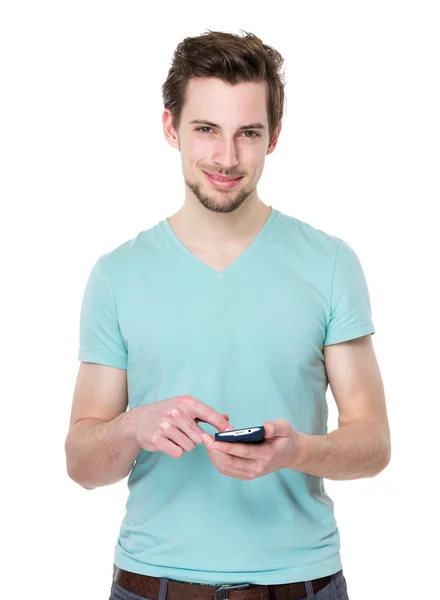 Caucasian handsome man in turquoise t shirt — Stock Photo, Image