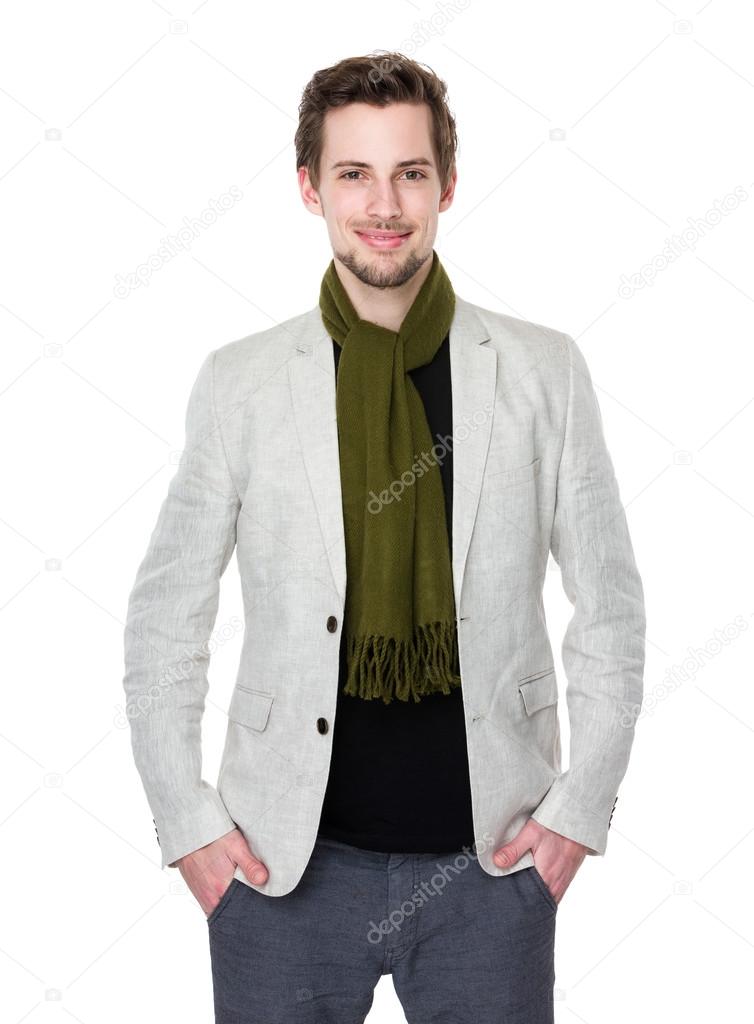 Caucasian handsome man in beige jacket