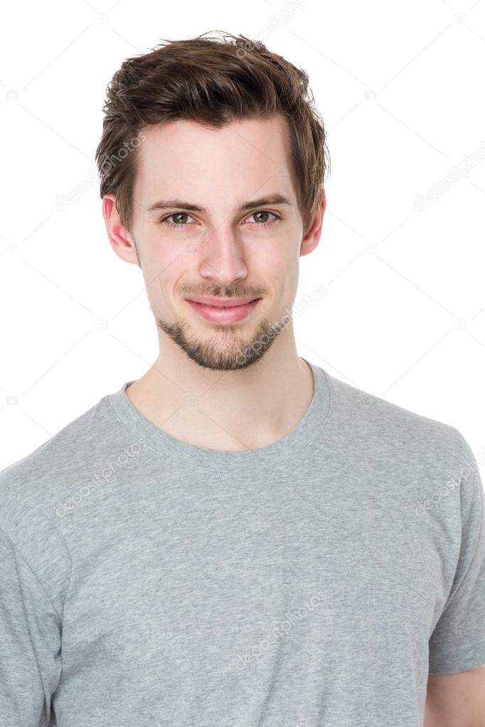 Caucasian handsome man in grey t shirt