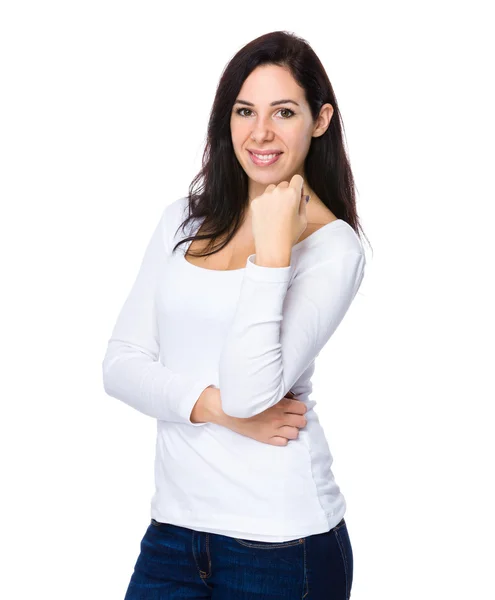 Kaukasische brunette vrouw in wit t shirt — Stockfoto