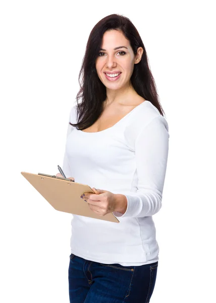 Caucasian brunette woman in white t shirt — Stock Photo, Image