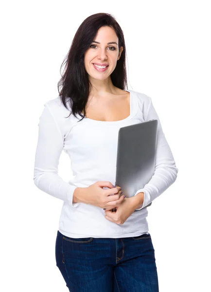 Caucasian brunette woman in white t shirt — Stock Photo, Image