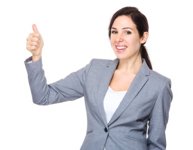 Beyaz genç iş kadını gri takım elbise