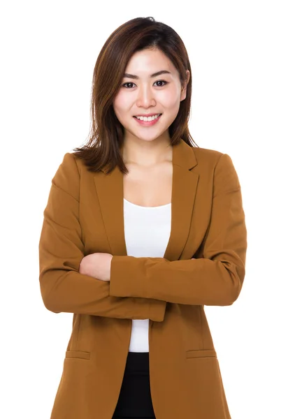 穿棕色夹克的亚洲年轻女商人 — 图库照片