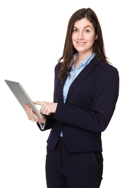 Caucasian young businesswoman in blue suit — Stock Photo, Image