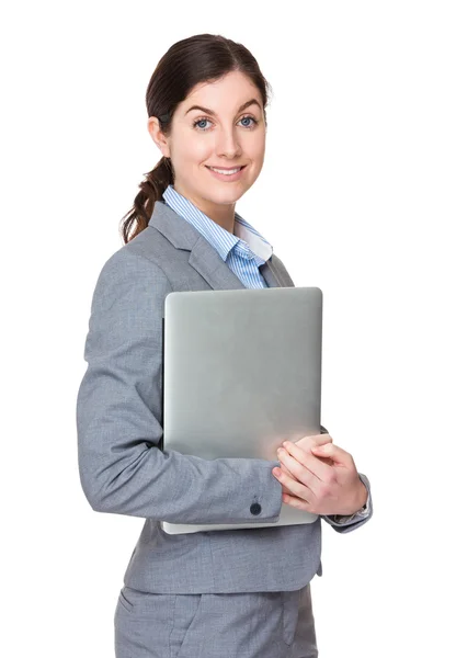 Mujer de negocios joven caucásica en traje gris — Foto de Stock