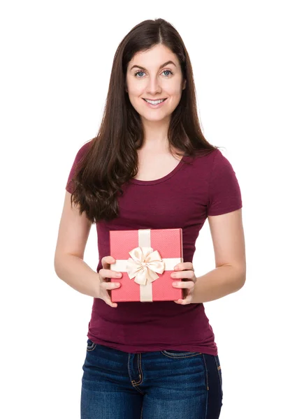 Caucasian brunette woman in red t shirt — Stock Photo, Image