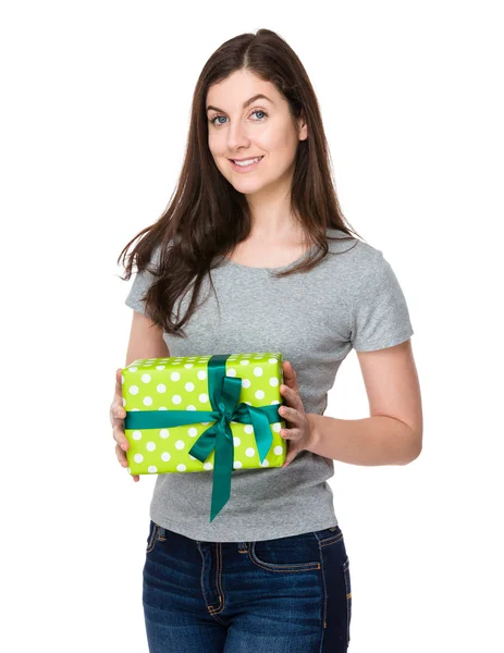 Caucasian brunette woman in grey t shirt — Stock Photo, Image