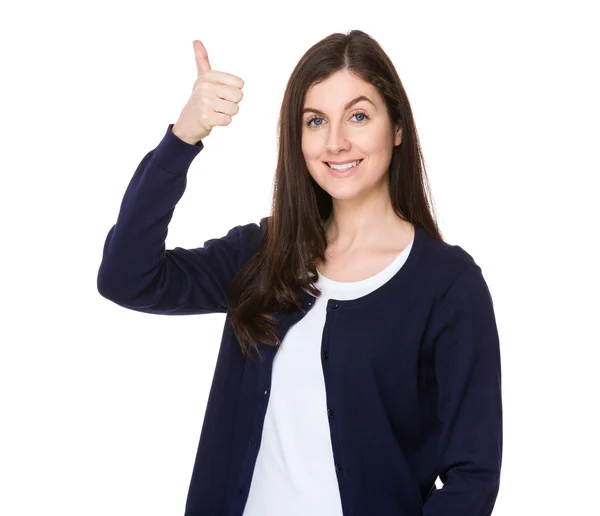 Kaukasische brunette vrouw in blauwe vest — Stockfoto