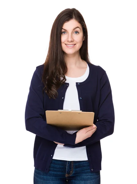 Caucasian brunette woman in blue cardigan — Stock Photo, Image