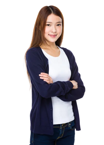 Asya genç kadın mavi hırka — Stok fotoğraf