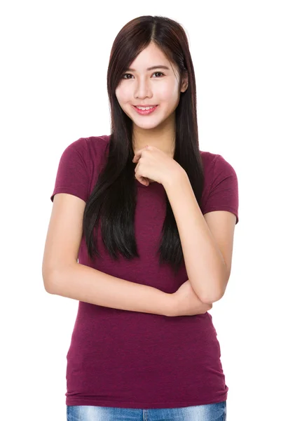 Asiático jovem mulher em vermelho t-shirt — Fotografia de Stock