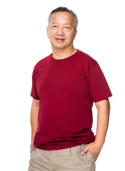Asian old man in red t-shirt — Stock Photo, Image
