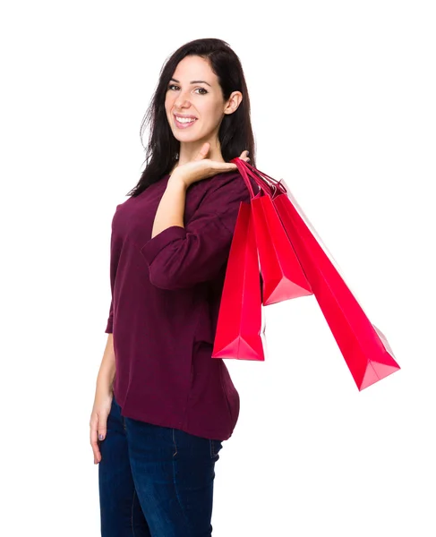 Kaukasiska självsäker kvinna i röd t-shirt — Stockfoto