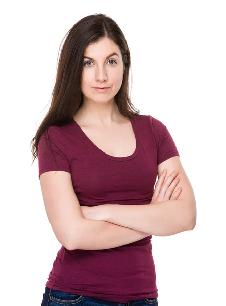 Kaukaski kobieta brunetka w kolorze czerwonym t-shirt — Zdjęcie stockowe