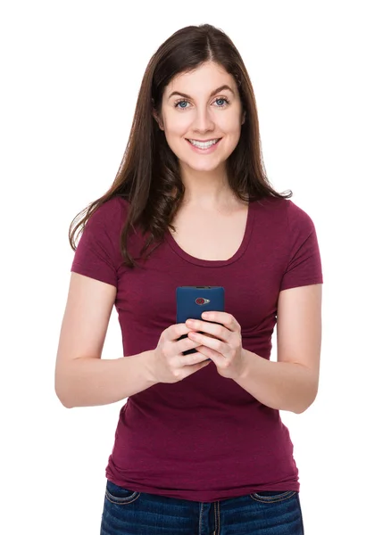 Caucasian brunette woman in red t-shirt — Stock Photo, Image