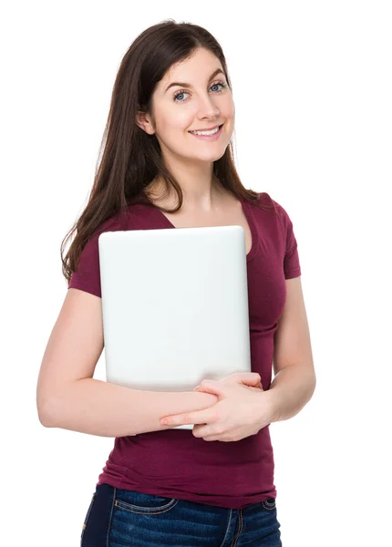 Caucasian brunette woman in red t-shirt — Stock Photo, Image