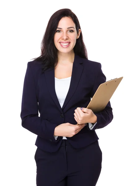 Caucasian brunette businesswoman in business suit — Stock Photo, Image