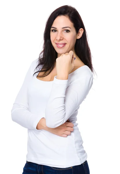 Kaukaski kobieta brunetka w biały sweter — Zdjęcie stockowe