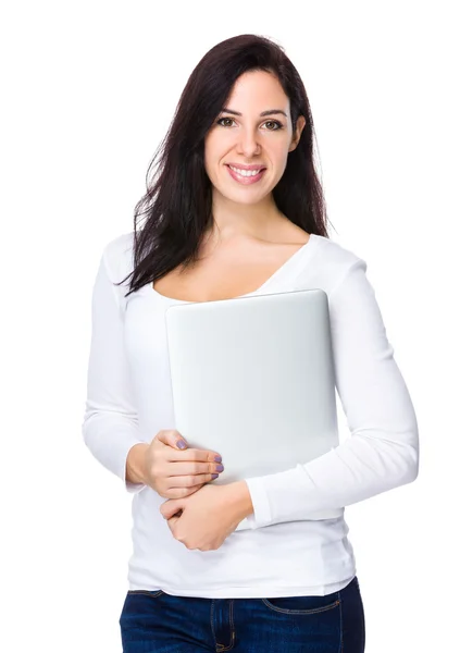 Kaukasiska brunett kvinna i vit tröja — Stockfoto