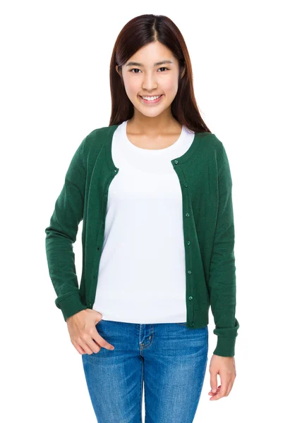 Asiático jovem mulher no verde cardigan — Fotografia de Stock