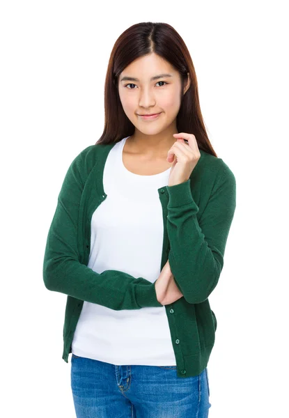 Asiático jovem mulher no verde cardigan — Fotografia de Stock