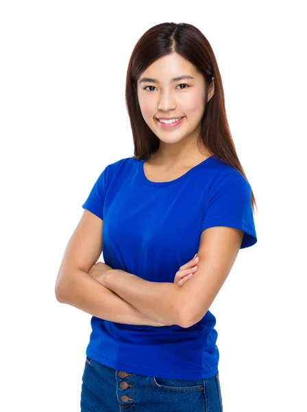 Asiático jovem mulher em azul t-shirt — Fotografia de Stock