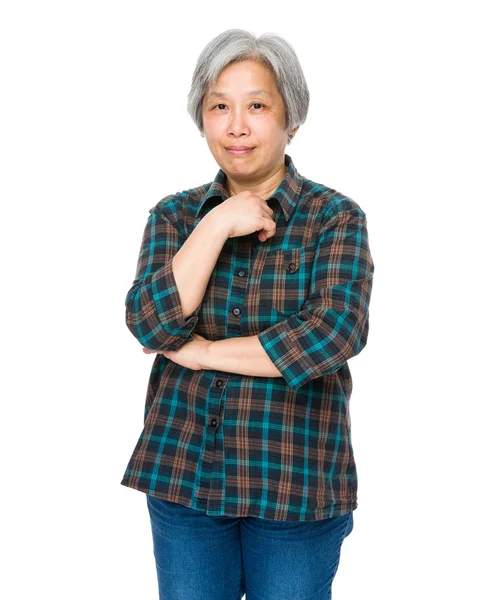 Asian old woman in checkered shirt — Stock Photo, Image