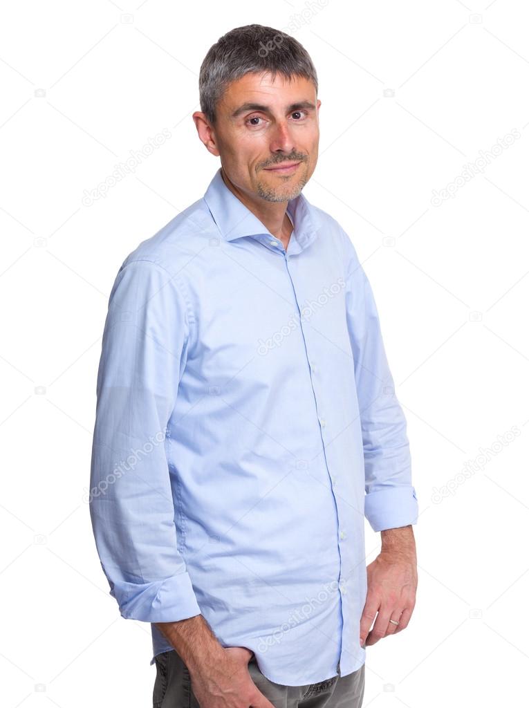 Caucasian mature man in blue shirt
