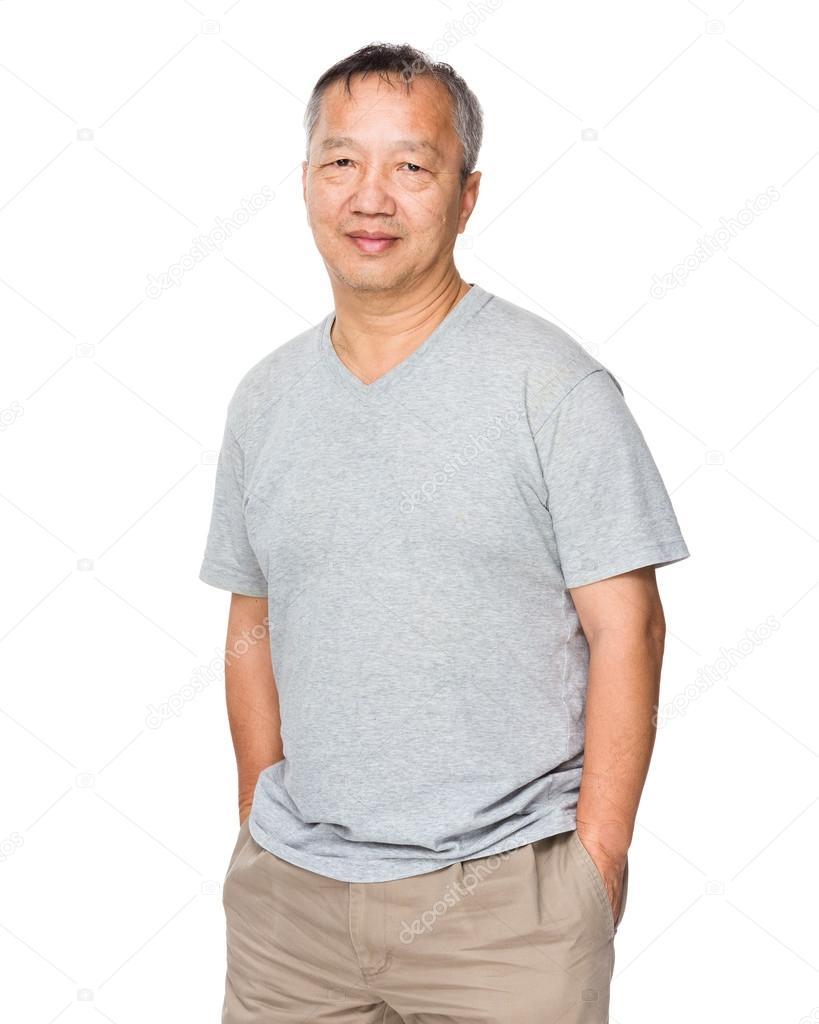Asian old man in gray t-shirt