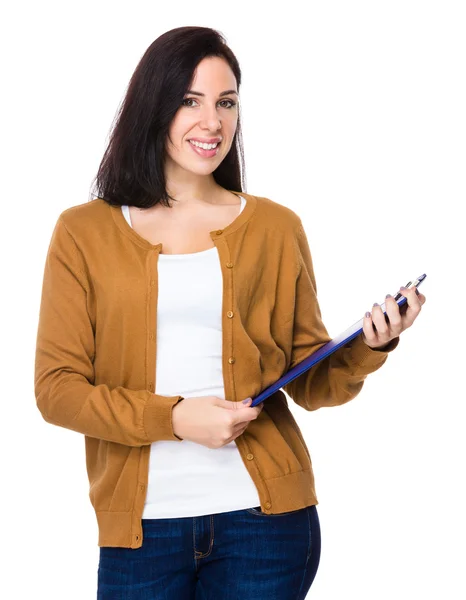 Caucasian pretty woman in brown cardigan — Stock Photo, Image