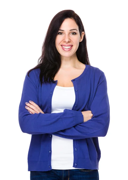 Kaukasische mooie vrouw in blauwe vest — Stockfoto