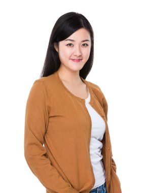 Asya genç kadın kahverengi hırka