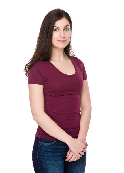 Caucasian brunette woman in red t-shirt — Stock Photo, Image