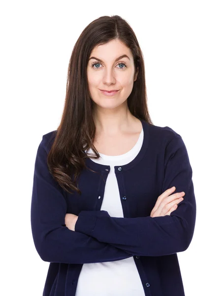 Kaukasische brunette vrouw in blauwe vest — Stockfoto