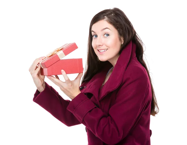 Caucasian brunette woman in red coat — Stock Photo, Image