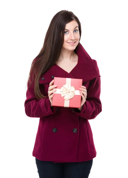 Caucasian brunette woman in red coat — Stock Photo, Image